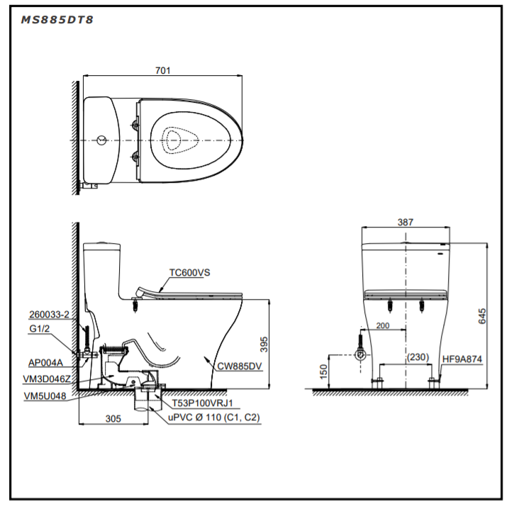 Bản vẽ Bồn cầu 1 khối Toto MS885DT8#XW nắp êm sứ chống bám bẩn