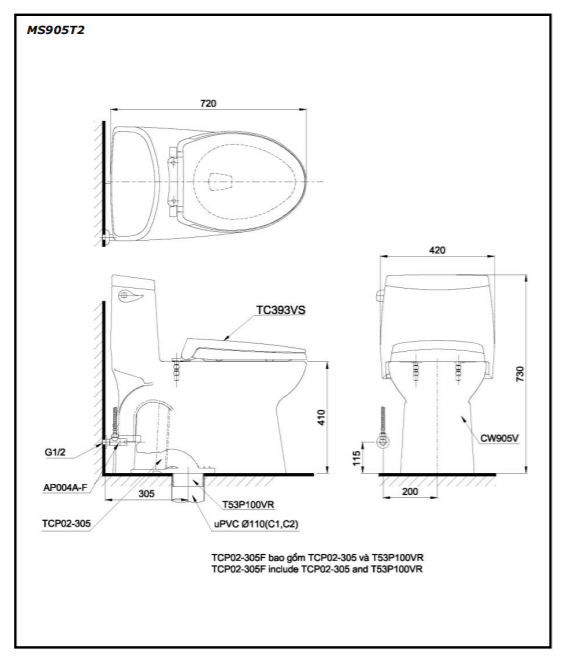 Bản vẽ thiết kế Bồn cầu 1 khối Toto MS855 nắp êm MS855DT2#XW nắp êm sứ chống bám bẩn