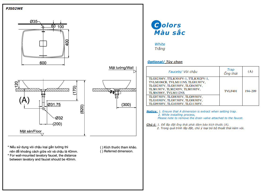 Bản vẽ kỹ thuật Lavabo chậu rửa mặt Toto PJS02WE#MW đặt bàn