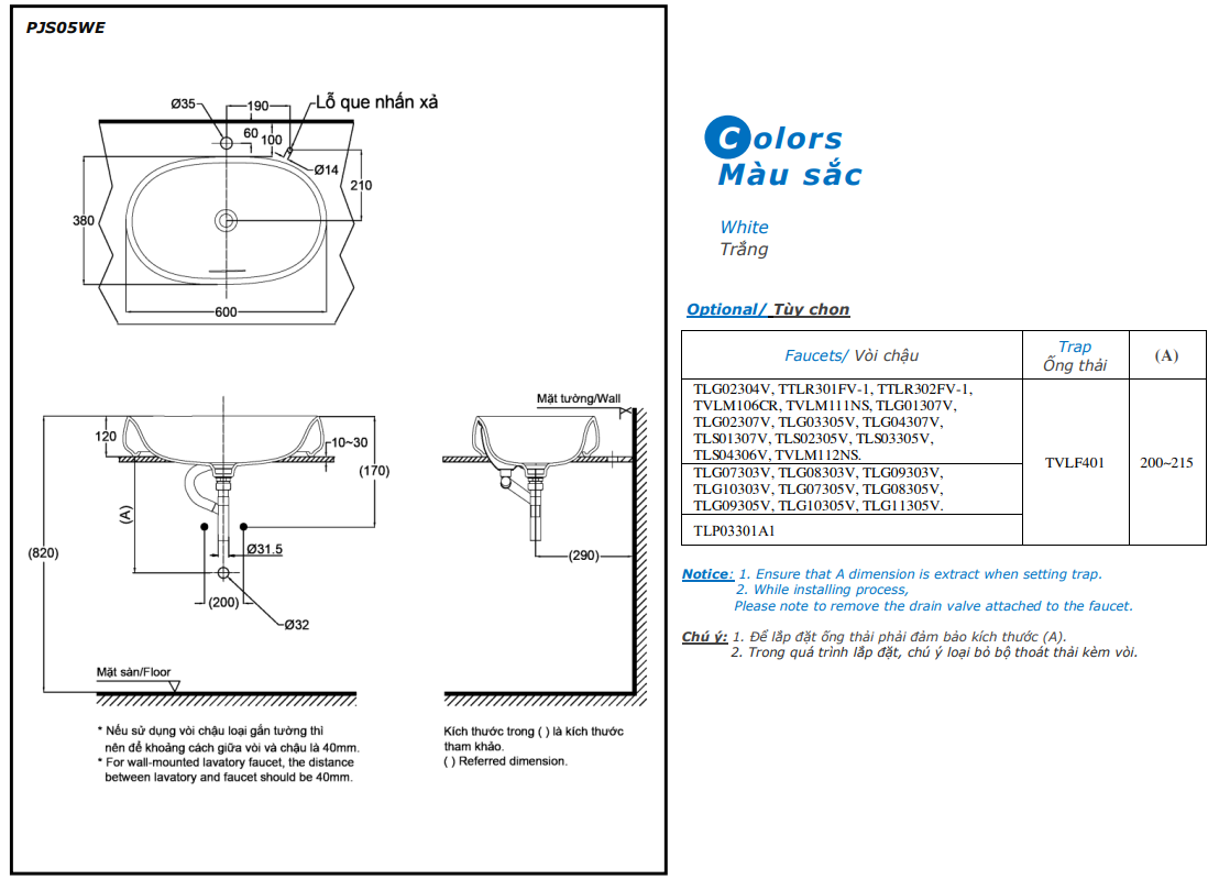 Bản vẽ kỹ thuật Lavabo chậu rửa mặt Toto PJS05WE#MW đặt bàn: