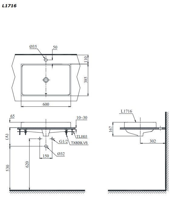 bản vẽ kỹ thuật Lavabo chậu rửa mặt TOTO L1716#W đặt bàn