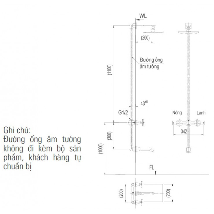 Bản vẽ kỹ thuật Sen tắm đứng âm tường Inax BFV-81SEW (BFV81SEW) nóng lạnh