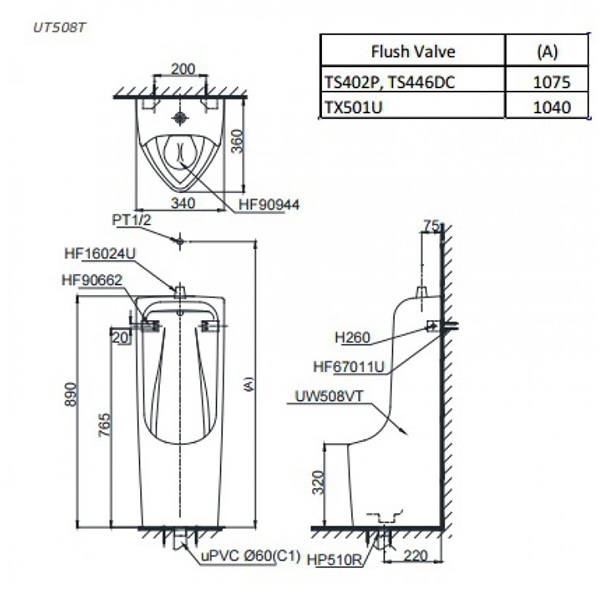 Bản vẽ kỹ thuật Bồn tiểu nam Toto UT508T#XW treo tường sứ chống bám bẩn