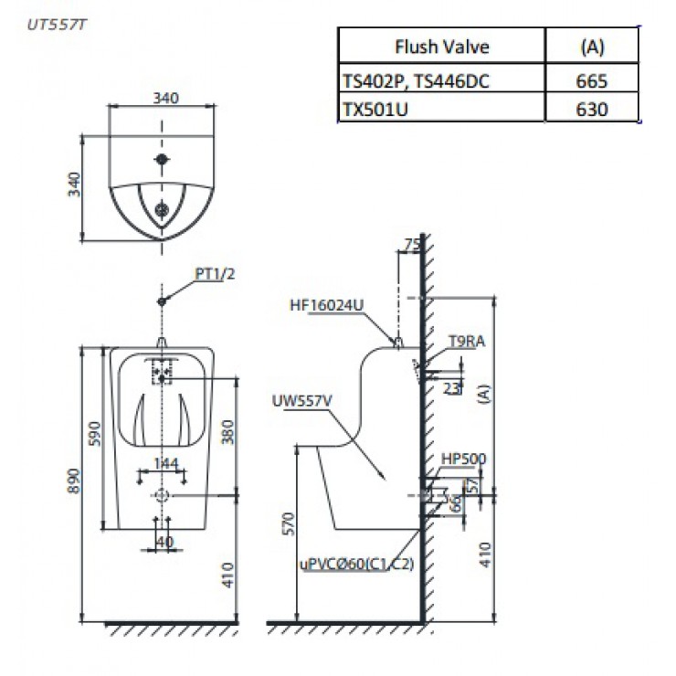 Bản vẽ kỹ thuật Bồn tiểu nam TOTO UT557#XW treo tường