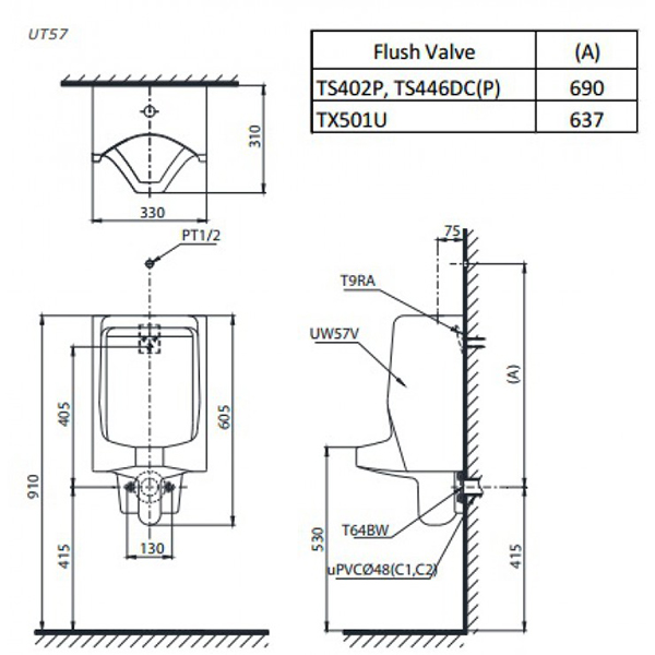 Bản vẽ kỹ thuật Bồn tiểu nam TOTO UT57S#W treo tường