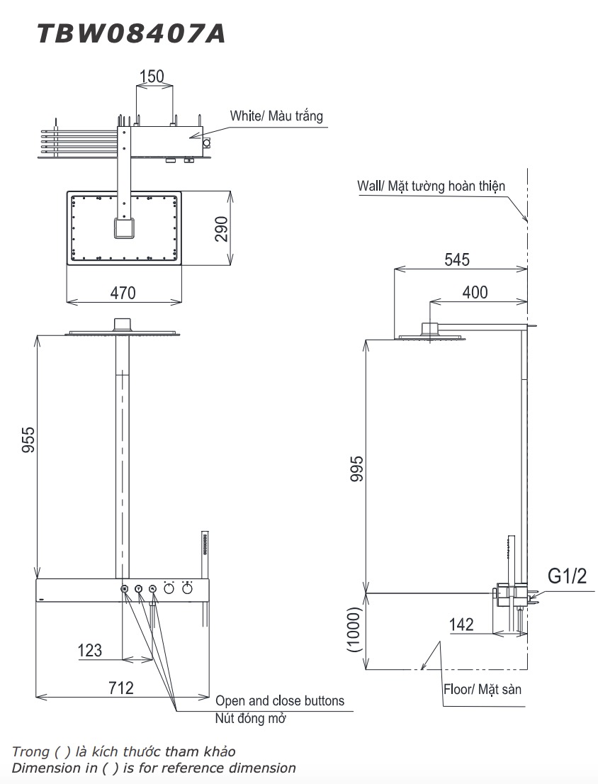 Bản vẽ kỹ thuật Cây sen tắm TOTO TBW08407A nóng lạnh: