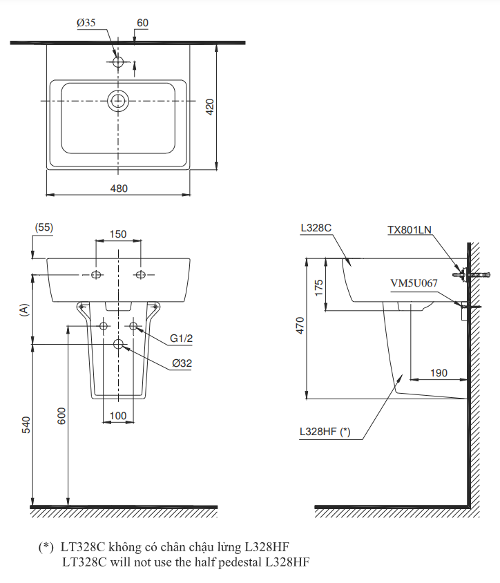 Bản vẽ ký thuật Lavabo chậu rửa mặt TOTO LT328C#XW treo tường