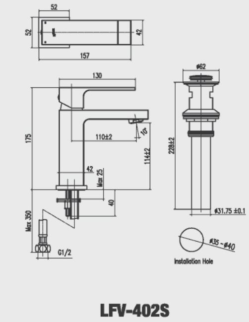 Bản vẽ kỹ thuật Vòi lavabo chậu rửa mặt Inax LFV-402S nóng lạnh gật gù (LFV402S)