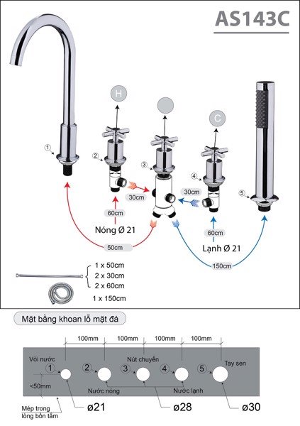 Vòi sen gắn bồn tắm Caesar AS143C nóng lạnh