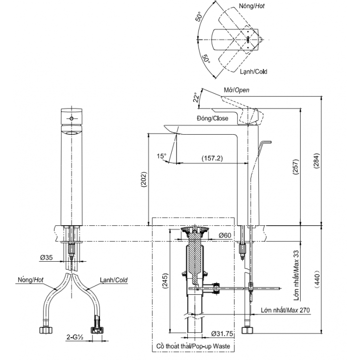 Bản vẽ kỹ thuật Vòi lavabo chậu rửa mặt Toto TLG02307V nóng lạnh cổ cao