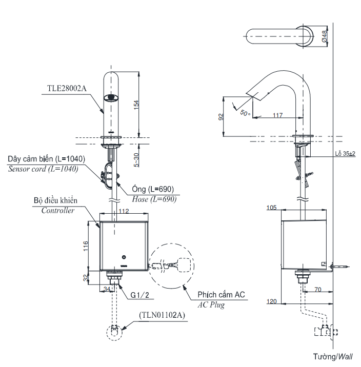 Bản vẽ kỹ thuật Vòi lavabo chậu rửa mặt Toto Toto TLE28002A nước lạnh cảm ứng tự tạo năng lượng