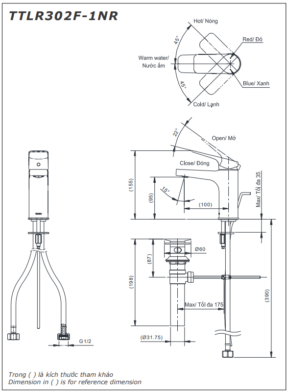 Bản vẽ kỹ thuật Vòi lavabo chậu rửa mặt Toto TTLR302F-1NR nóng lạnh