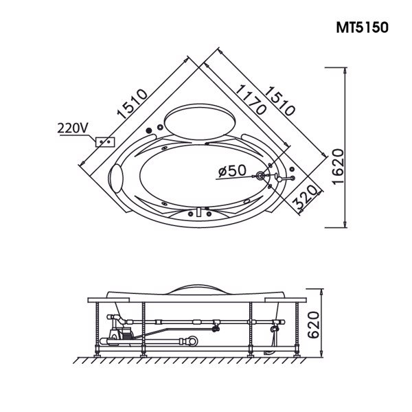 Bồn tắm góc Caesar MT5150A loại xây - có massage dài 1m5