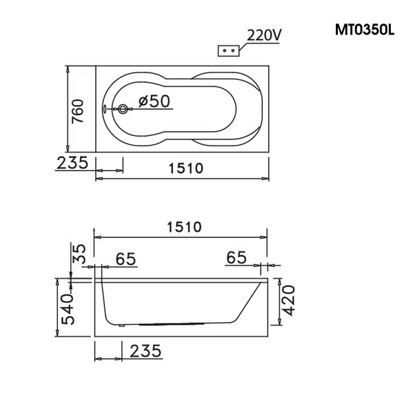 Bồn tắm dài Caesar AT0350L(R) dài 1m5 loại chân yếm