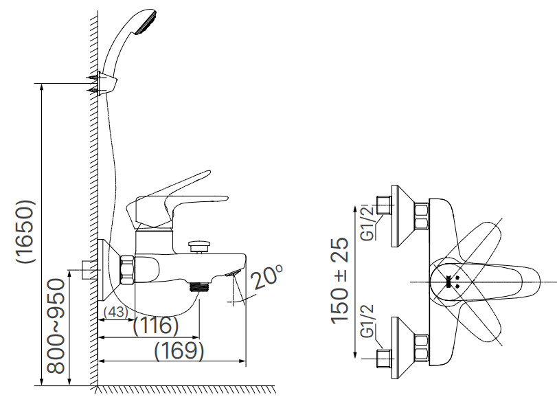 Bản vẽ kỹ thuật Vòi sen tắm nóng lạnh Inax BFV-1113S-8C tay sen tăng áp si (BFV1113S-8C)