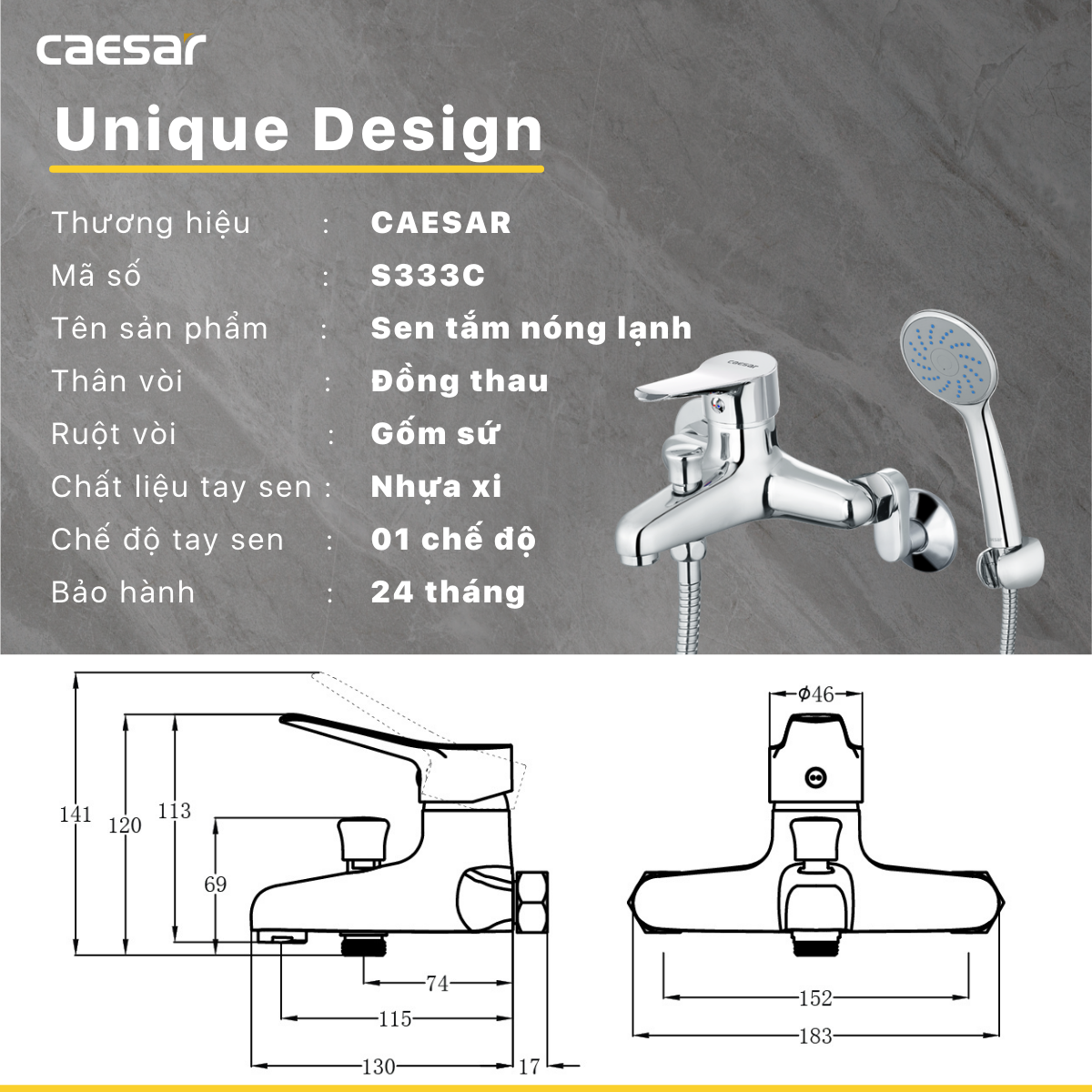 Bản vẽ kỹ thuật Vòi sen tắm nóng lạnh Caesar S333C
