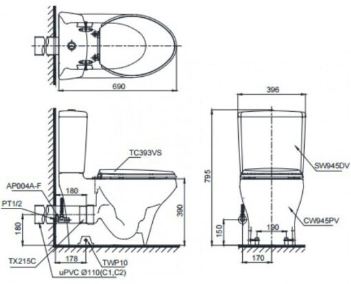 Bản vẽ kỹ thuật Bồn cầu 2 khối TOTO CS945PDW16 nắp rửa C2 - TCF23410AAA