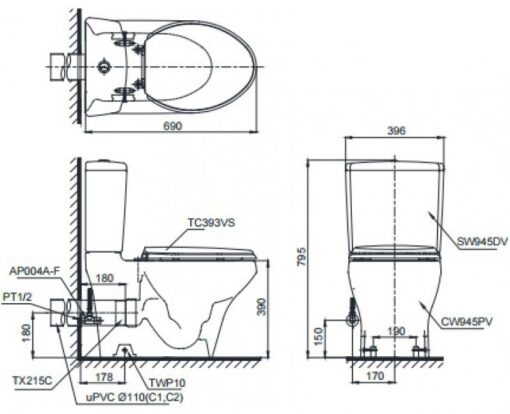 Bản vẽ kỹ thuật Bồn cầu 2 khối Toto CS945PDW16 nắp rửa C2 - TCF23410AAA