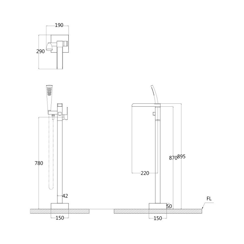 Bản vẽ kỹ thuật Vòi sen gắn bồn tắm Caesar AS689C nóng lạnh