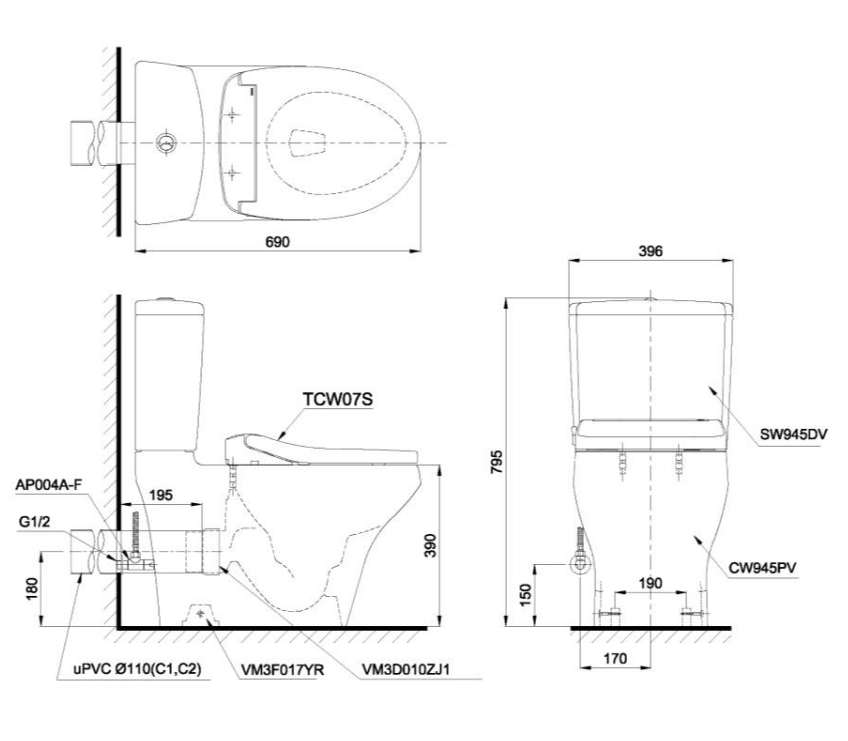 Bồn cầu 1 khối Toto CS945PDE2 nắp rửa TCW07S thoát ngang