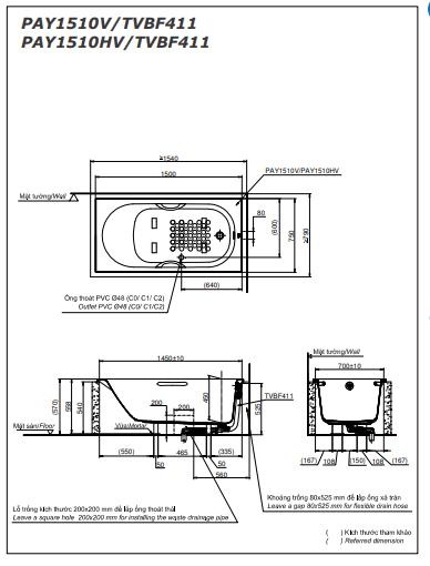 Bản vẽ kỹ thuật Bồn tắm xây Toto PAY1510V/TVBF411 dài 1m5