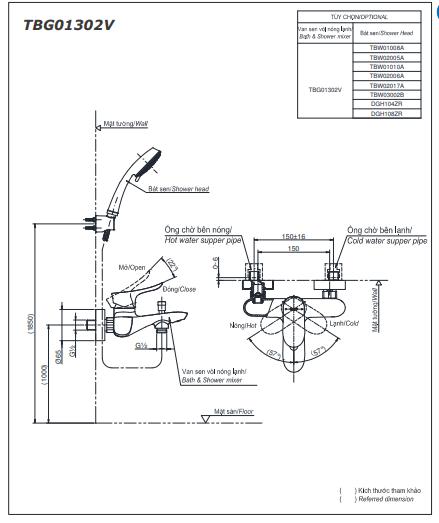 Bản vẽ kỹ thuật Vòi sen tắm Toto TBG01302V/TBW02005A nóng lạnh