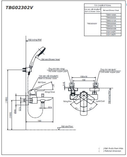 Bản vẽ kỹ thuật Vòi sen tắm Toto TBS02302V/TBW02006A nóng lạnh