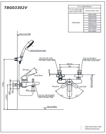 Bản vẽ kỹ thuật Vòi sen tắm Toto TBG03302VA/TBW01010A nóng lạnh