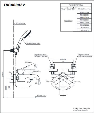 Bản vẽ kỹ thuật Vòi sen tắm Toto TBG11302VA/TBW02017A nóng lạnh