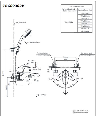 Bản vẽ kỹ thuật Vòi sen tắm TOTO TBG09302VA/TBW01008A nóng lạnh: