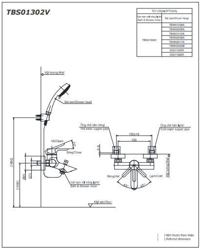 Bản vẽ kỹ thuật Vòi sen tắm Toto TBS01302V/TBW01008A nóng lạnh