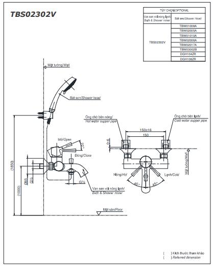 Bản vẽ kỹ thuật Vòi sen tắm Toto TBS02302V/TBW07012A nóng lạnh