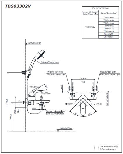 Bản vẽ kỹ thuật Vòi sen tắm Toto TBS03302V/TBW07009A nóng lạnh