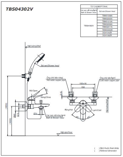 Bản vẽ kỹ thuật Vòi sen tắm Toto TBS04302V/TBW07012A nóng lạnh