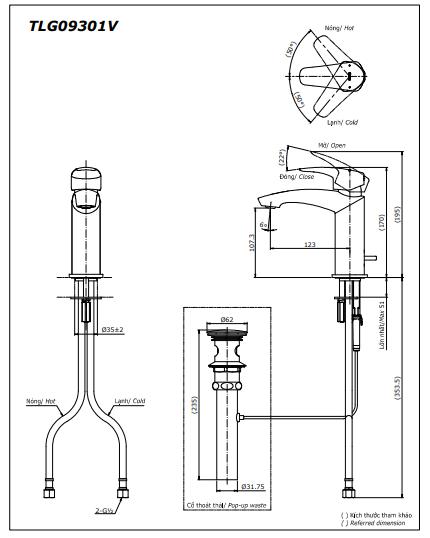 Bản vẽ kỹ thuật Vòi lavabo chậu rửa mặt Toto TLG09303V nóng lạnh