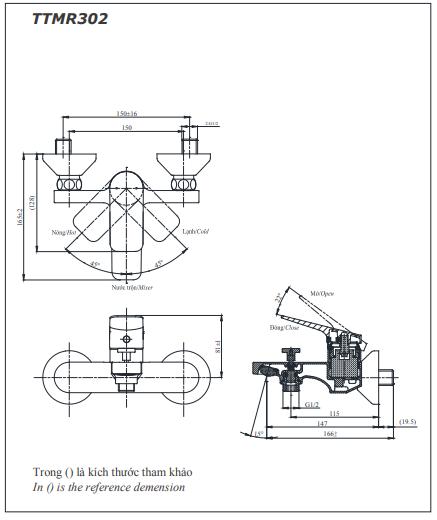 Bản vẽ kỹ thuật Vòi sen tắm Toto TTMR302V/TBW03002B nóng lạnh: