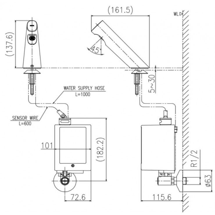 Bản vẽ kỹ thuật Vòi lavabo chậu rửa mặt Inax AMV-300 nước lạnh cảm ứng: