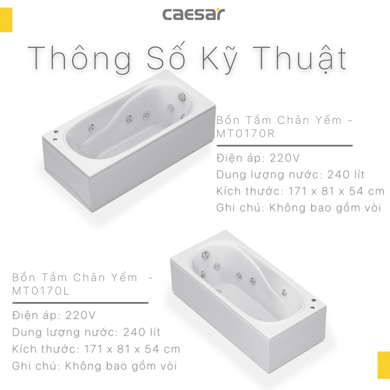 Bồn tắm dài Caesar MT0170L(R) dài 1m7 loại chân yếm có massage
