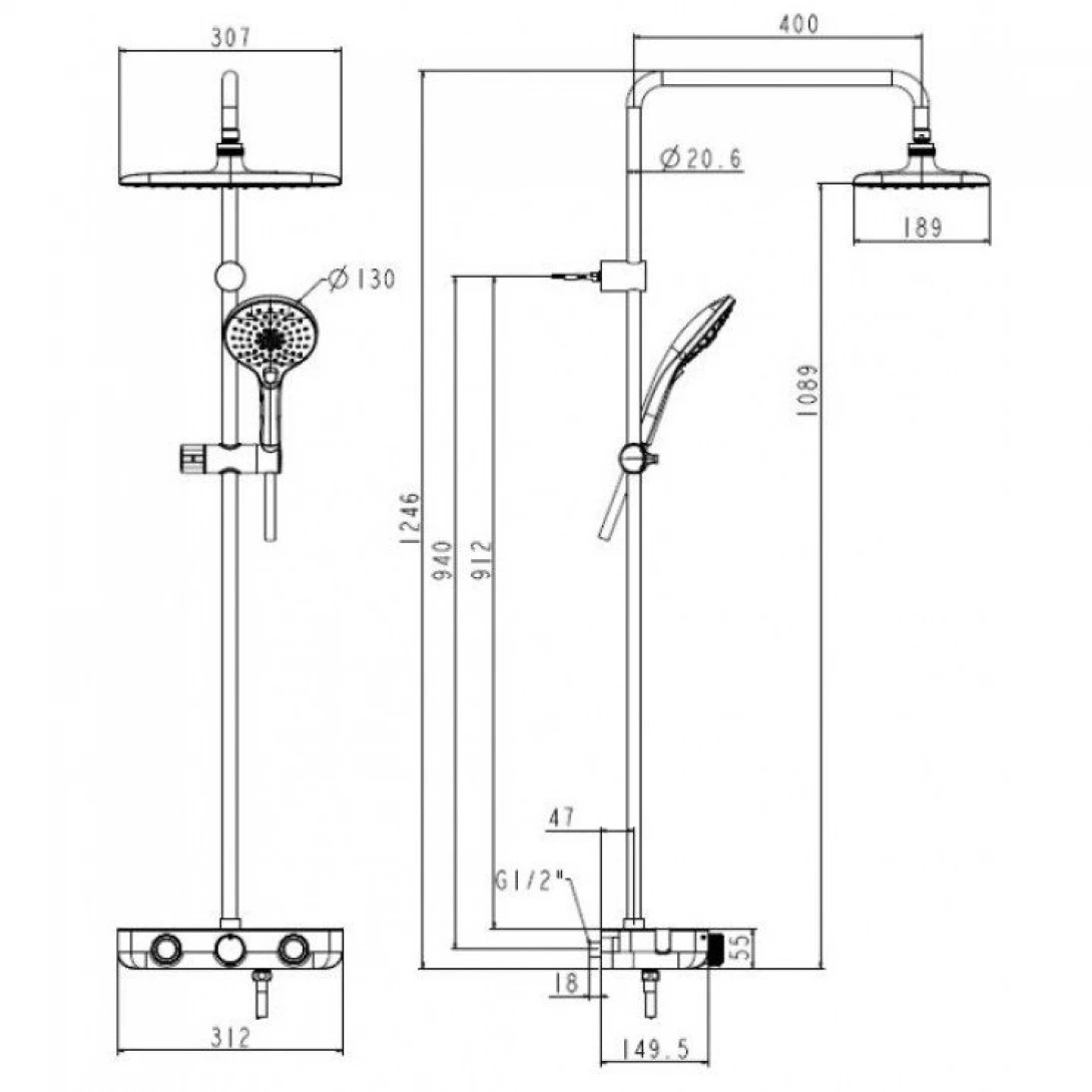 Bản vẽ kỹ thuật Sen Cây Nhiệt Độ American Standard WF-4955MB EasySET 3 Đường Màu Đen