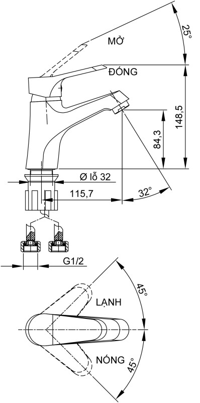 Bản vẽ kỹ thuật Vòi lavabo chậu rửa mặt Luxta L-1210 nóng lạnh