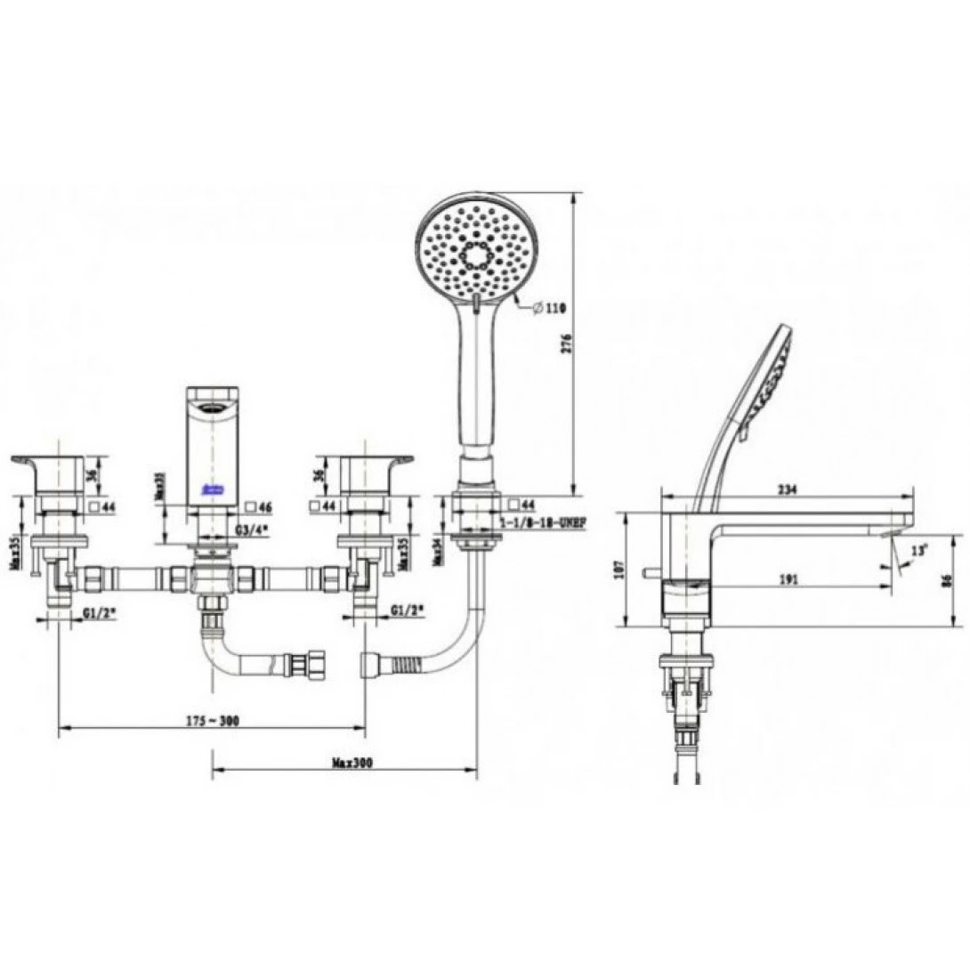 Bản vẽ kỹ thuật Vòi Xả Bồn Tắm American Standard WF-1300BHG Acacia E Nóng Lạnh Màu Ghi