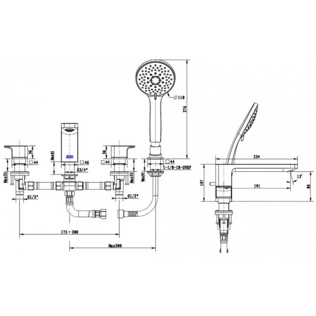 Bản vẽ kỹ thuật Vòi sen Bồn Tắm American Standard WF-1300MB Acacia Nóng Lạnh Màu Đen