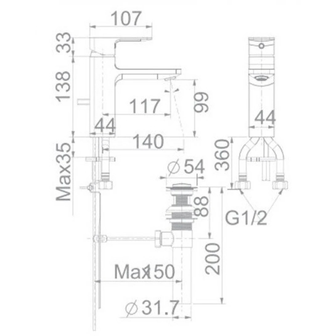 Bản vẽ kỹ thuật Vòi Lavabo American Standard WF-1301CS Nóng Lạnh Màu Vàng Acacia Evolution: