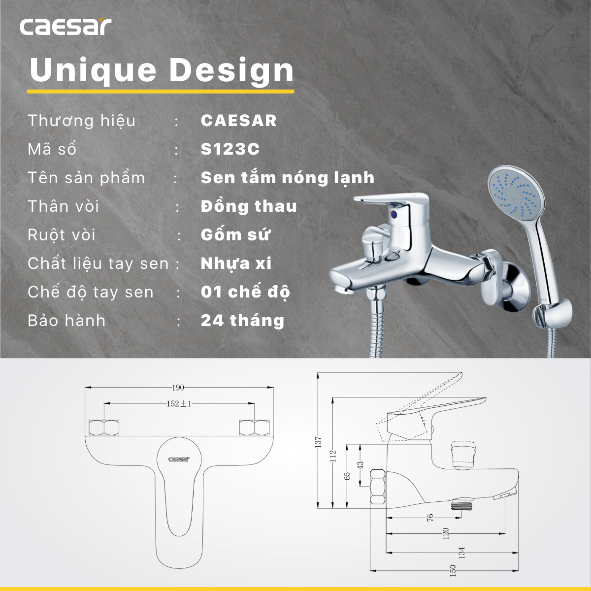 Bản vẽ kỹ thuật Vòi sen tắm nóng lạnh Caesar S123C