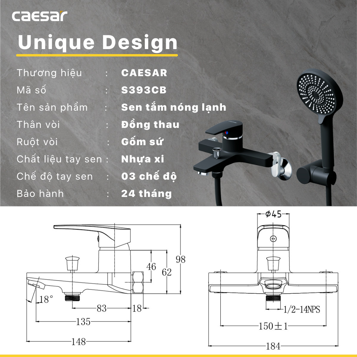 Bản vẽ kỹ thuật Vòi sen tắm nóng lạnh Caesar S393CB