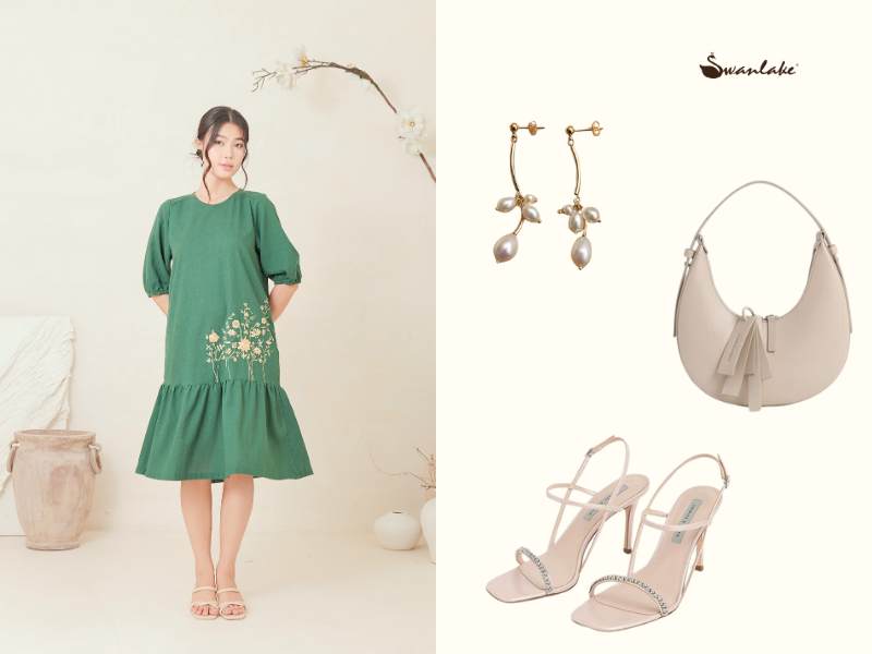 Phối phụ kiện cùng đầm xanh rêu thêu hoa nữ tính