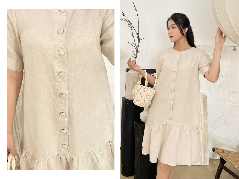 Đầm nút bọc linen màu kaki nhã nhặn