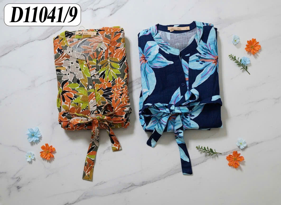 SWANLAKE | Váy Đầm Nữ Dây Thắt Eo Cổ Trụ Cài Nút Tay Lỡ Vải Linen Bông Họa Tiết Hoa Lá Mùa Hè D11041LW09