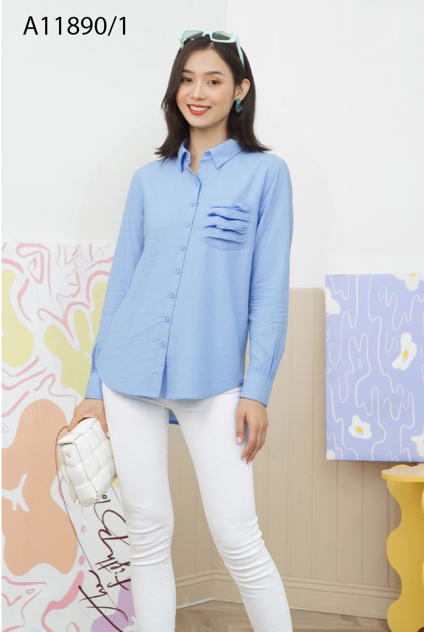 SWANLAKE | Áo Sơ Mi Nữ Trơn Basic Vải Linen Có Túi Tay Dài Công Sở Thanh Lịch Nhiều Màu A11890LW01