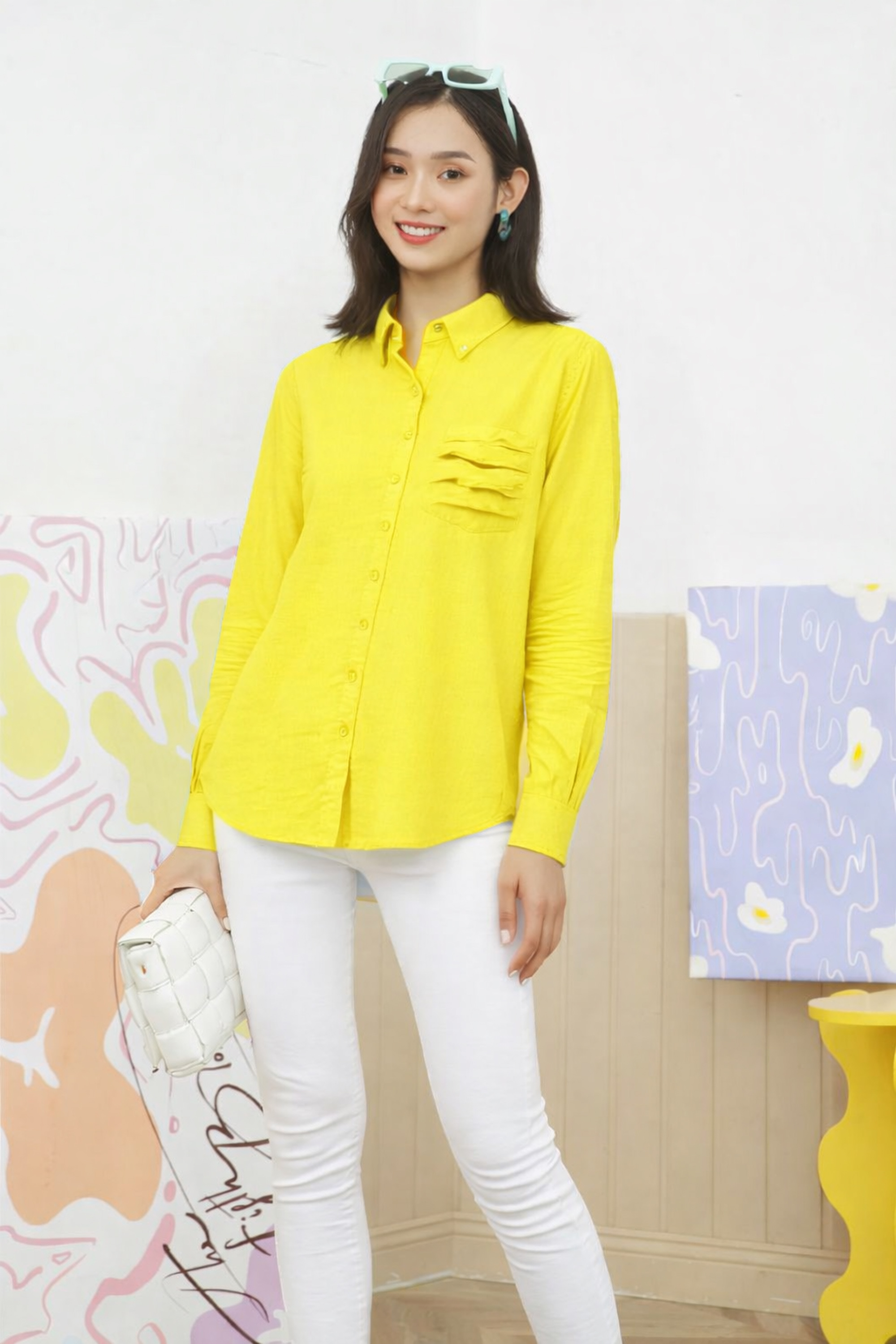 SWANLAKE | Áo Sơ Mi Nữ Trơn Basic Vải Linen Có Túi Tay Dài Công Sở Thanh Lịch Nhiều Màu A11890LW01